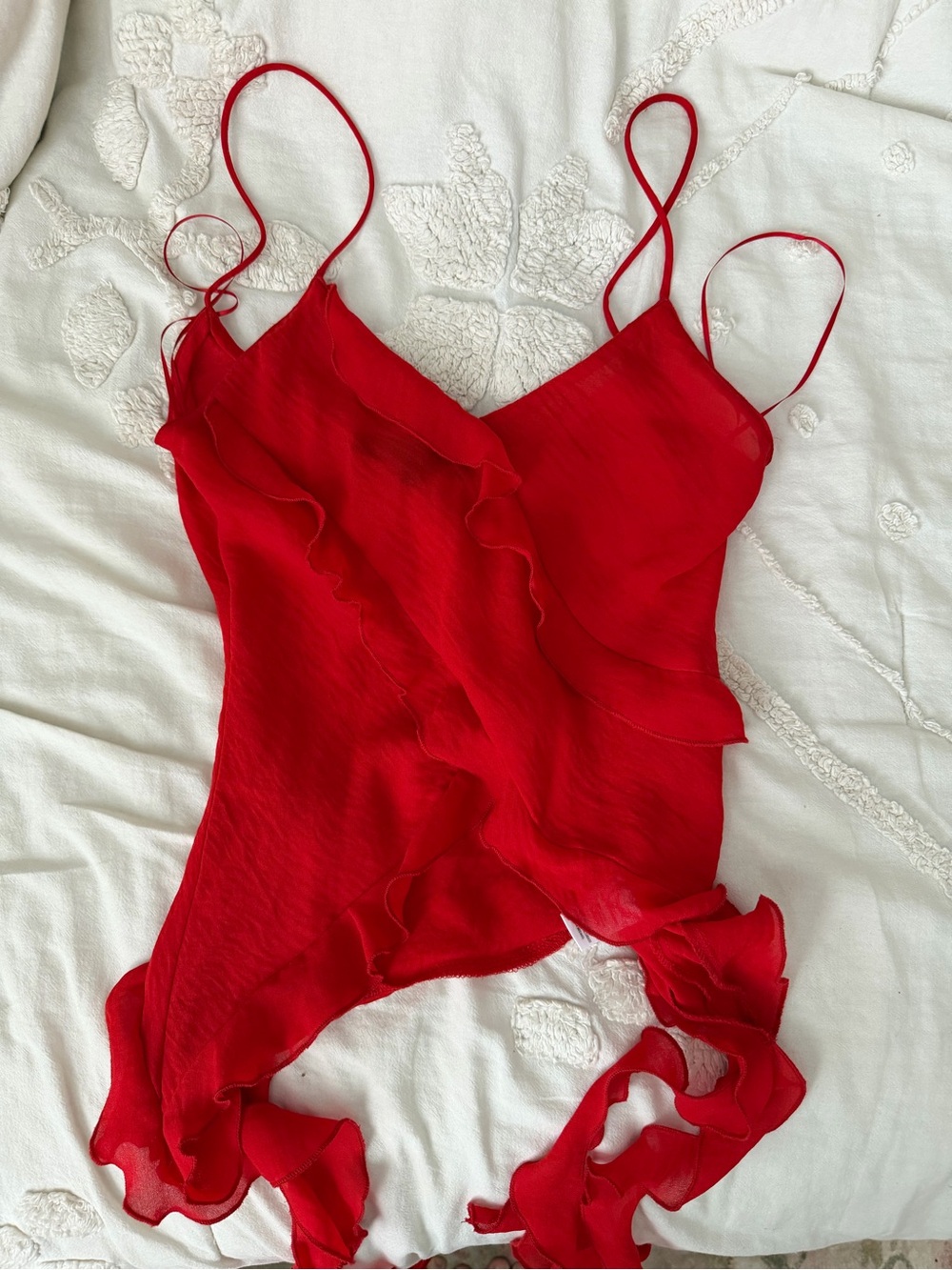 The Vintage Shop Red Ruffle Slip Blouse with Spaghetti Straps